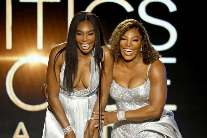 Venus Williams and Serena Williams speak onstage during the 27th Annual Critics Choice Awards in 2022.