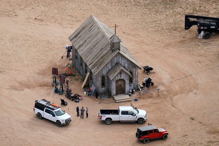 FILE - This aerial photo shows the Bonanza Creek Ranch in Santa Fe, New Mexico, Oct. 23, 2021, used for the film "Rust." (AP Photo/Jae C. Hong, File)