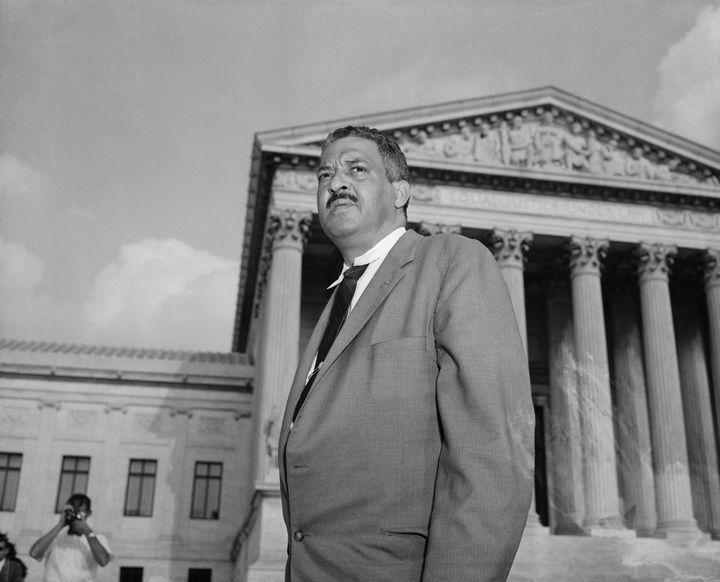 Thurgood Marshall, then the NAACP's chief legal counsel, in front of the U.S. Supreme Court on Aug. 22, 1958, before making a last-ditch appeal to permit Black students to reenter Central High School in Little Rock, Arkansas. Nine years later, Marshall would become a justice on the Supreme Court.