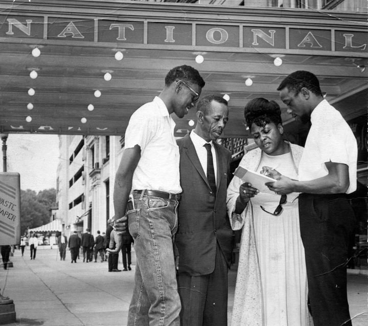 Voting rights activist Fannie Lou Hamer meets with three men on June 16, 1964, soon after the Mississippi Freedom Democratic Party was established.