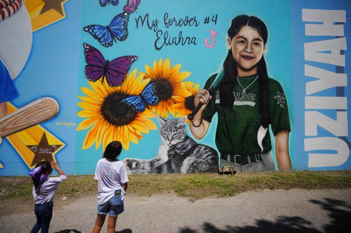 This photo taken on May 24, 2023 shows a wall painting mourning for victims of a school mass shooting in Uvalde, Texas, the United States. (Photo by Wu Xiaoling/Xinhua via Getty Images)