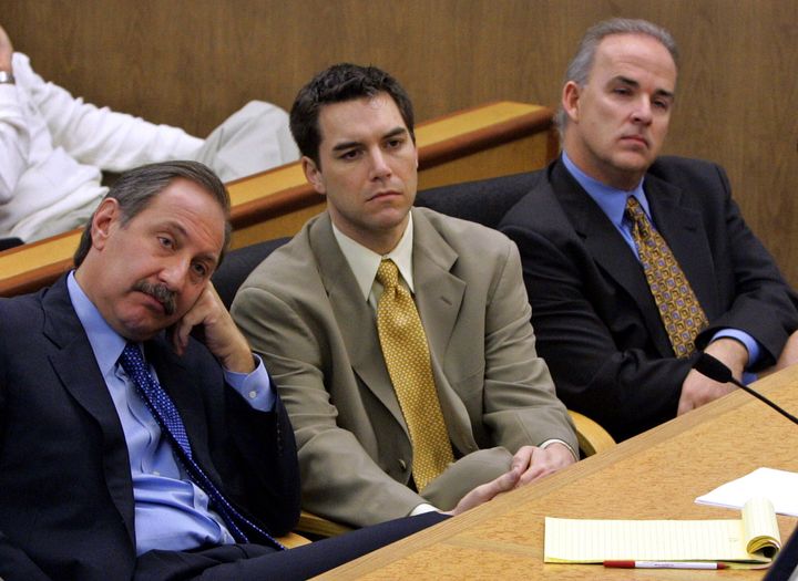 Scott Peterson and his defense attorney Mark Geragos (left) listen during prosecution rebuttal closing arguments on Nov. 3, 2004, in Peterson's capital murder trial for the killing of his wife, Laci, and their unborn child.