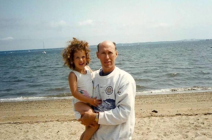 The author and her father at the beach in the early 1990s.