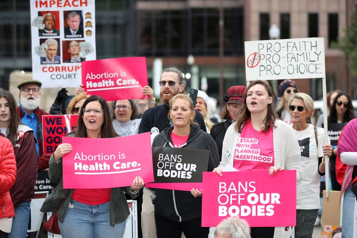 Supporters of Issue 1, the Right to Reproductive Freedom amendment, attend a rally in Columbus, Ohio, Oct. 8, 2023. The Biden campaign is betting big on abortion rights as a major driver in the 2024 presidential election. But the economy, foreign policy, immigration and inflation are also major issues for voters, as Biden tries to boost his low poll numbers.