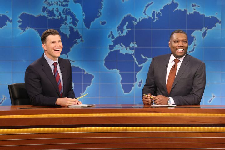 Colin Jost (left) and Michael Che got to roast President Joe Biden and Donald Trump during the first "Weekend Update" of 2024 on Saturday.