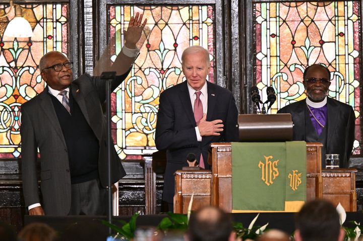 President Joe Biden, center, prepares to speak in Charleston, South Carolina, on Jan. 8 after an introduction from Assistant Democratic Leader Jim Clyburn (D-S.C.), left. Biden's relationship with Clyburn helped fuel a decision to put South Carolina ahead of New Hampshire in the nominating process.