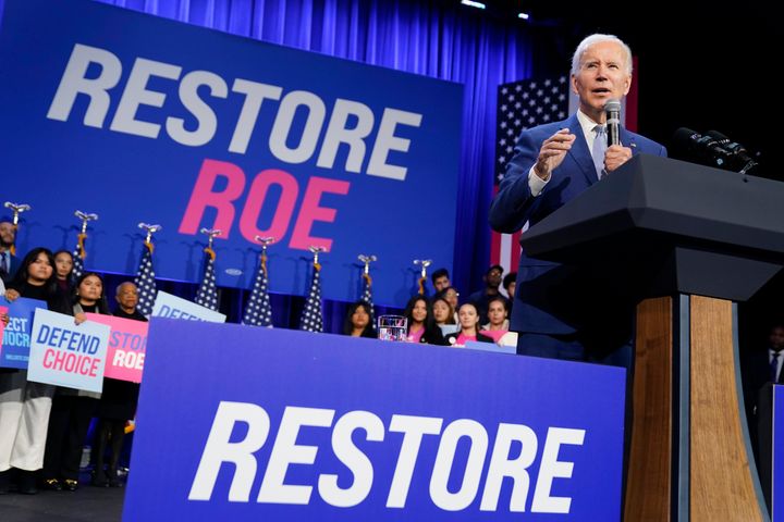 President Joe Biden, shown here at a rally before the 2022 midterm elections, is expected to speak more forcefully about the threat former President Donald Trump poses to abortion rights this week.