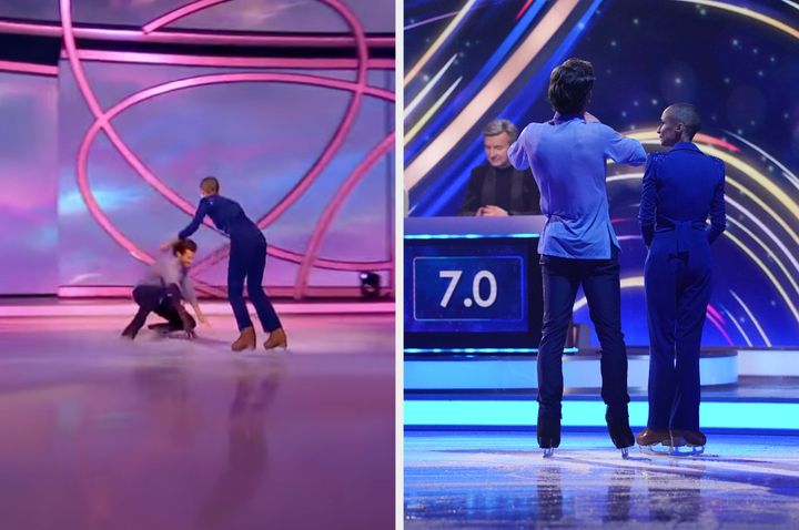 Dancing On Ice professional Mark Hanretty recovered quickly after a fall during this week's live show