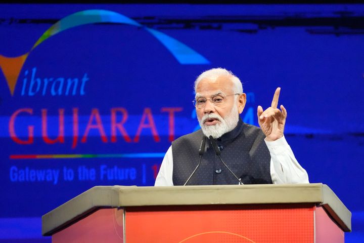 Indian Prime Minister Narendra Modi addresses the Vibrant Gujarat Global Summit, a business event to attract investments to the Gujarat state, in Gandhinagar, India, Wednesday, Jan. 10, 2024. 