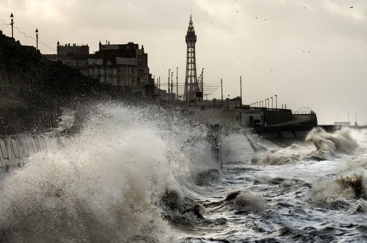 BLACKPOOL: Waves break on the sea front in Blackpool.