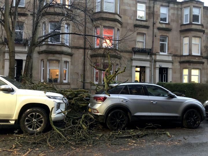 GLASGOW: Cover parked cars and the pavement following gusts from Storm Isha.