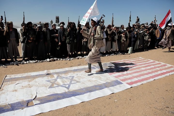 SANA'A, YEMEN - JANUARY 22: Yemen's Houthi followers take part in a tribal parade held against the United States-led aerial attacks launched on sites in Yemen, and solidarity with Palestinians, on January 22, 2024, near Sana'a, Yemen. 