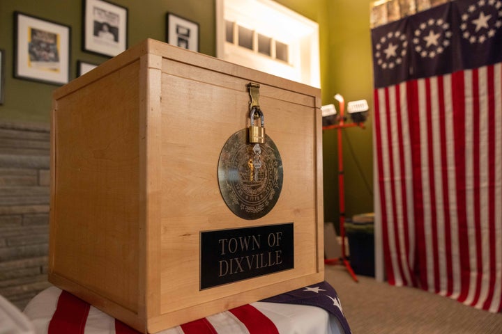 The Dixville ballot box is displayed in front of voting booths in the Tillotson House during preparations for midnight voting on January 22, 2024 in Dixville Notch, New Hampshire. Dixville Notch is the only community in New Hampshire to vote at midnight on Tuesday during the 2024 Primary Election. (Photo by Scott Eisen/Getty Images)