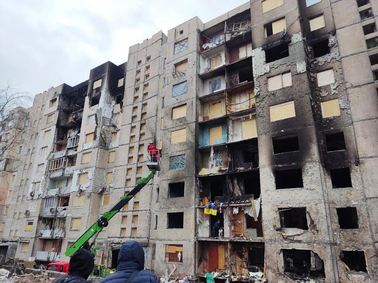 Oleksandr Shikhov captures the destruction that the missile attack inflicted on his apartment building in Kyiv, Ukraine, on Jan. 2, 2023.