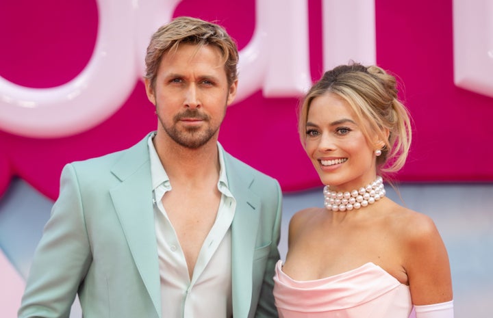 "Barbie" actors Ryan Gosling, left, and Margot Robbie at the film's London premiere.