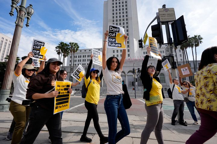 Members of the Los Angeles Times Guild protest impending layoffs in front of Los Angeles City Hall last Friday.