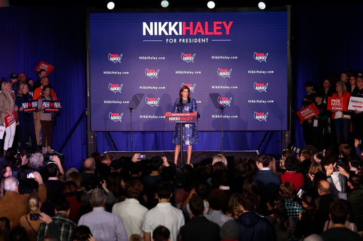 CONCORD, NEW HAMPSHIRE - JANUARY 23: Republican presidential candidate former U.N. Ambassador Nikki Haley delivers remarks at her primary night rally at the Grappone Conference Center on January 23, 2024 in Concord, New Hampshire. New Hampshire voters cast their ballots in their state's primary election today. With Florida Governor Ron DeSantis dropping out of the race Sunday, former President Donald Trump and former UN Ambassador Nikki Haley are battling it out in this first-in-the-nation primary. (Photo by Tasos Katopodis/Getty Images)