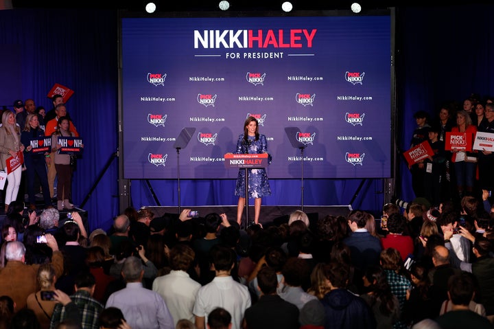 CONCORD, NEW HAMPSHIRE - JANUARY 23: Republican presidential candidate former U.N. Ambassador Nikki Haley delivers remarks at her primary night rally at the Grappone Conference Center on January 23, 2024 in Concord, New Hampshire. New Hampshire voters cast their ballots in their state's primary election today. With Florida Governor Ron DeSantis dropping out of the race Sunday, former President Donald Trump and former UN Ambassador Nikki Haley are battling it out in this first-in-the-nation primary. (Photo by Tasos Katopodis/Getty Images)