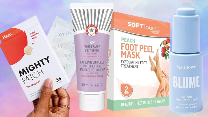 Mighty Patch hydrocolloid stickers, First Aid Beauty's KP Bump Eraser body scrub, an exfoliating foot peel mask and Blume Meltdown acne oil.