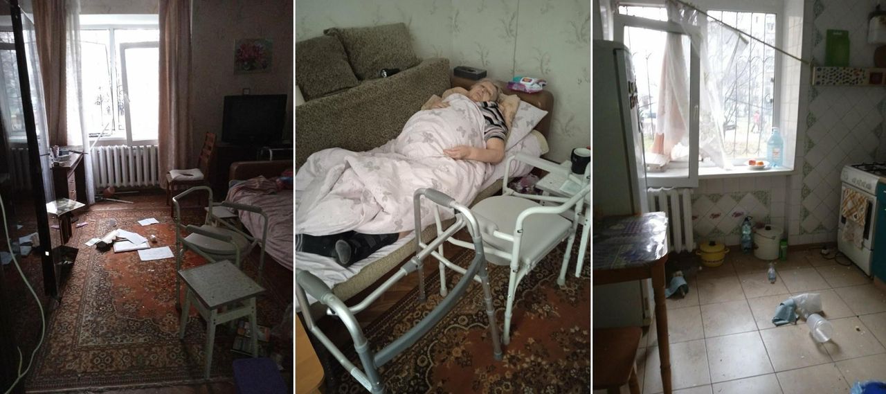 Kateryna Zapolska documents the destruction inside her apartment in Vyshneve, Ukraine, a few days after the Jan. 2 missile strikes. Her mother (center) had to stay put in the apartment due to difficulty moving, while Zapolska and her son sought shelter in a nearby school.