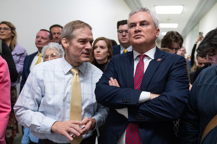 Rep. James Comer (R-Ky.), right, chairman of the House Oversight and Accountability Committee, and Rep. Jim Jordan (R-Ohio), chairman of the House Judiciary Committee, prepare for a news conference on their demand that Hunter Biden, the son of President Joe Biden, testify at a closed-door deposition on Dec. 13, 2023.