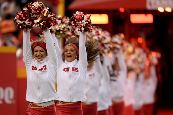 Kansas City Chiefs cheerleaders perform before an NFL football game against the Cincinnati Bengals Sunday, Dec. 31, 2023, in Kansas City, Mo. (AP Photo/Charlie Riedel)