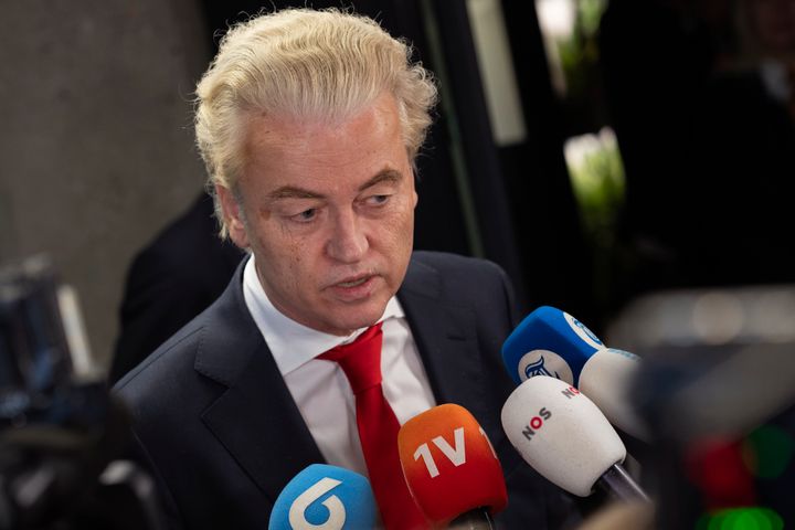 Geert Wilders, leader of the far-right party PVV, or Party for Freedom, talks to the media after a meeting with speaker of the House Vera Bergkamp, two days after Wilders won the most votes in a general election, in The Hague, Netherlands, on Nov. 24, 2023.
