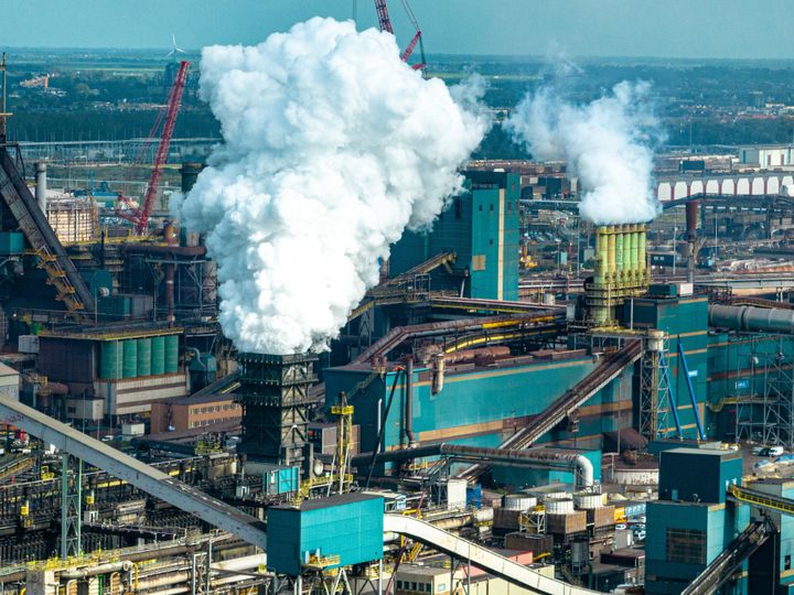 The Tata Steel steel mill close to the North Sea coast and port of IJmuiden on Oct. 5, 2023, in Velsen. Tata steel is one of the major polluters in the Netherlands in terms of CO2, nitrogen and heavy metals such as lead and mercury.