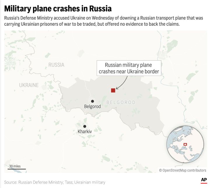 A Russian military transport jet crashed Wednesday near Russia's border with Ukraine, killing all aboard, according to the Russian Defense Ministry. (AP Digital Embed)