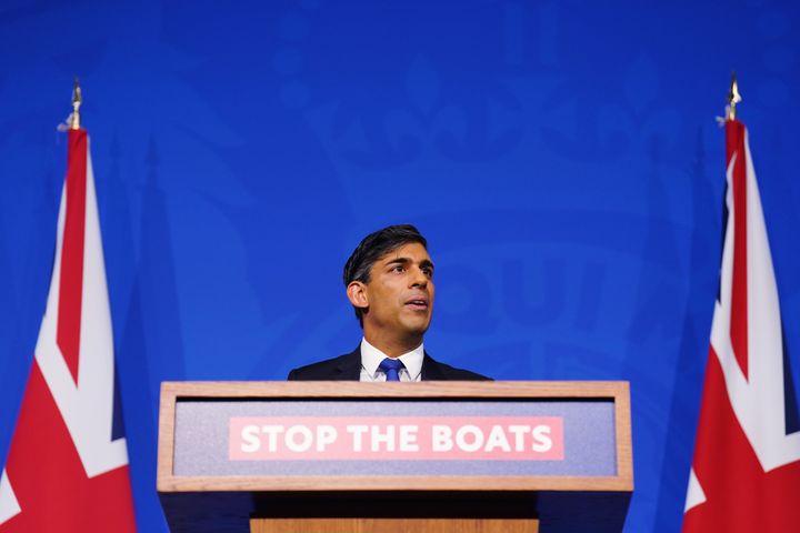 Rishi Sunak conducts a press conference in the Downing Street Briefing Room, as he gives an update on the plan to "stop the boats" and illegal migration on December 7, 2023 in London, England. (Photo by James Manning - WPA Pool/Getty Images)