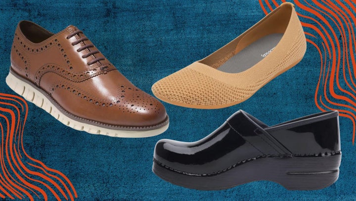 A pair of Cole Haan cushioned Oxfords, breathable knit ballet flats and a pair of Dansko clogs.