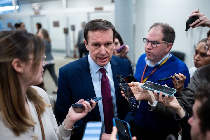 WASHINGTON - JANUARY 25: Sen. Chris Murphy, D-Conn., speaks to reporters in the Senate subway in the Capitol on Thursday, January 25, 2024. (Bill Clark/CQ-Roll Call, Inc via Getty Images)