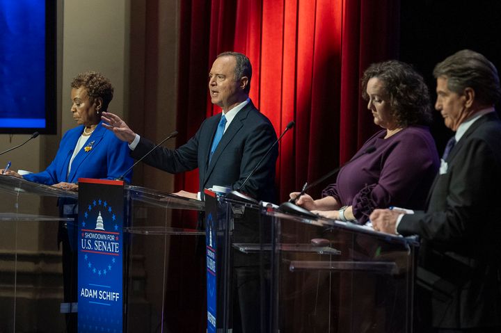 Democratic U.S. Reps. Barbara Lee, Adam Schiff, Katie Porter and former baseball player Steve Garvey stand onstage during a televised debate for candidates in the Senate race to succeed the late California Sen. Dianne Feinstein.