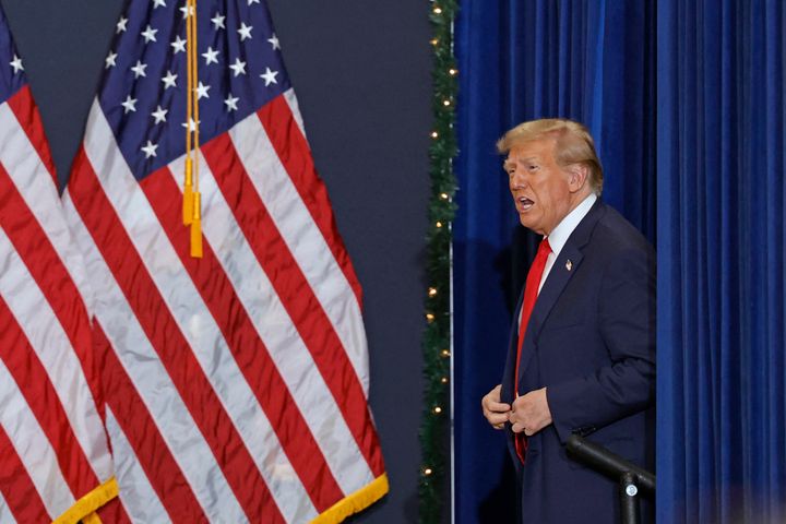 Former President Donald Trump arrives to speak during a campaign event in Waterloo, Iowa, on Dec. 19, 2023, the same day the Colorado Supreme Court ordered him off the ballot.