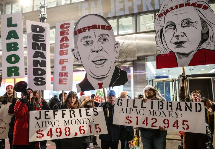 Demonstrators protesting Israeli attacks on Palestinians march on Dec. 21 to AIPAC headquarters in New York City and call out elected officials, including Sen. Kirsten Gillibrand (D-N.Y.) and House Minority Leader Hakeem Jeffries (D-N.Y.), who have taken its donations.