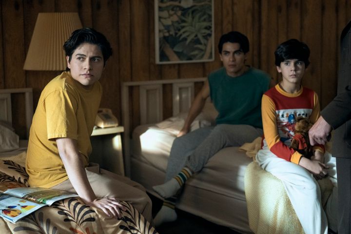 From left: Griselda's sons Jose Velazquez as Uber, Orlando Pineda as Dixon, and Martin Fajardo as Ozzy in a scene of Griselda.