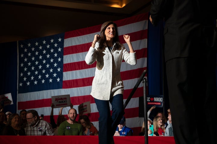 NORTH CHARLESTON, SOUTH CAROLINA - JANUARY 24: Republican presidential hopeful and former UN Ambassador Nikki Haley holds a rally on January 24, 2024 in North Charleston, South Carolina. After her defeat to Trump in New Hampshire, Haley pledged to continue on to her home state of South Carolina, insisting she still has a path to the nomination. (Photo by Allison Joyce/Getty Images)