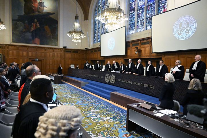 Judges take their seats prior to the hearing of Israel's defense at the International Court of Justice (ICJ) against South Africa's genocide case in Gaza against Israel on Jan. 12, 2024, in the Hague, Netherlands.