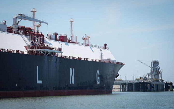 A transport ship for liquefied natural gas sits docked in the Calcasieu River near Cameron, Louisiana, in June.