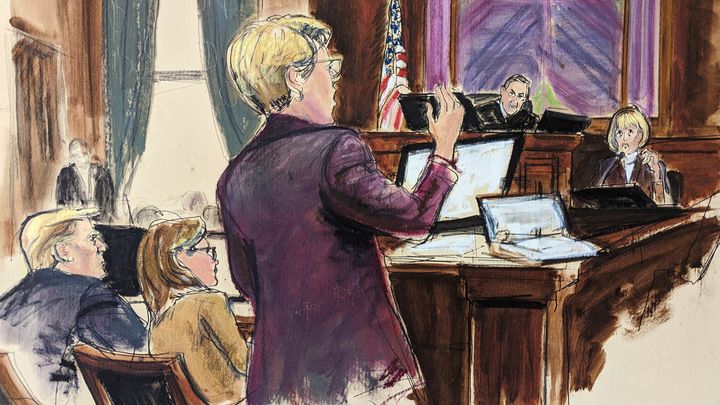 In this courtroom sketch, E. Jean Carroll, right, is questioned by her lawyer Roberta Kaplan, center, in Federal Court in New York, Wednesday, Jan. 17, 2024. Former President Donald Trump is seated, left, with his defense attorney Alina Habba, as Judge Lewis Kaplan presides. (AP Photo/Elizabeth Williams)