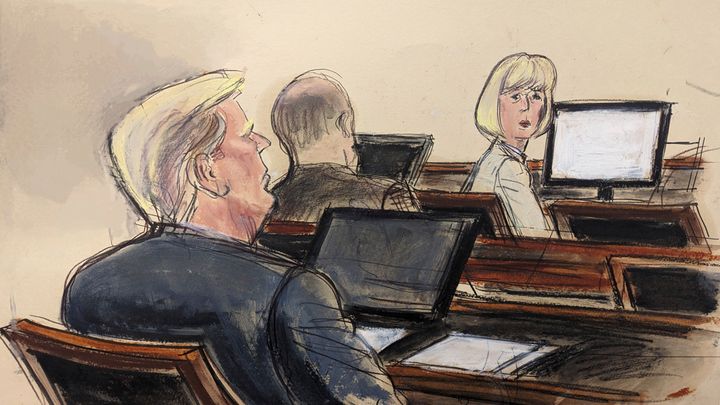In this courtroom sketch, E. Jean Carroll, right, turns around towards former President Donald Trump, seated left, Tuesday, Jan. 16, 2024, in New York. (AP Photo/Elizabeth Williams)