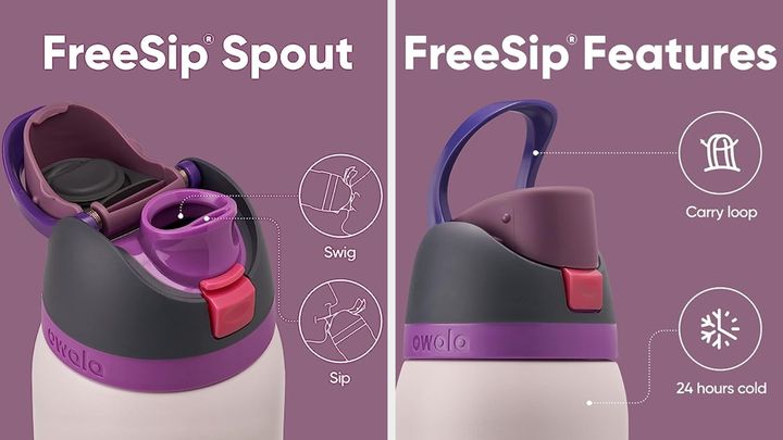 The Owala's dual FreeSip spout lets you suck from a straw or swig from its lip, and it also features a handy carry loop for easy transport.