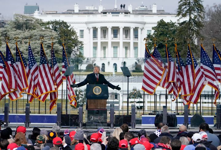 With the White House in the background, President Donald Trump speaks at a rally Wednesday, Jan. 6, 2021, in Washington. (AP Photo/Jacquelyn Martin)