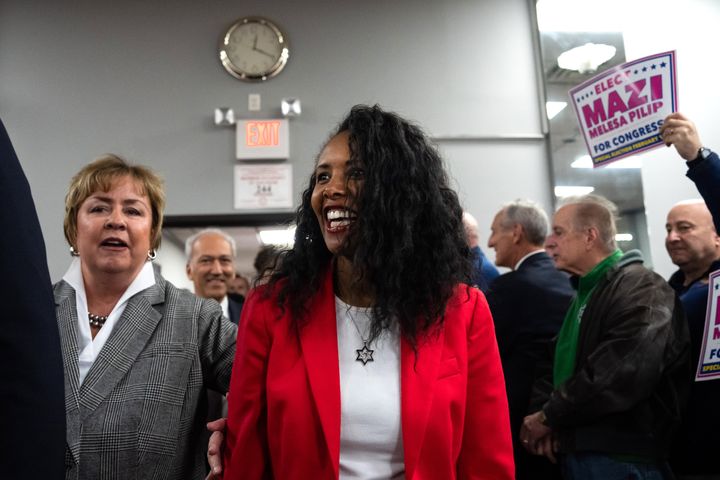 Nassau County legislator Mazi Melesa Pilip, center, pre-recorded a video for Saturday's rally, in which she framed her race as a chance to reject Biden and the "Squad."