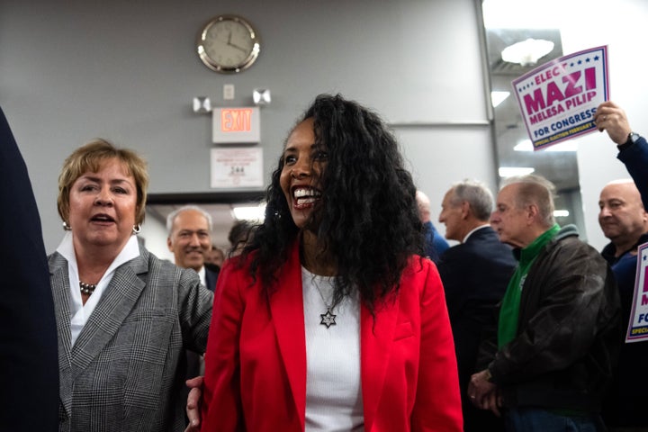 Nassau County legislator Mazi Melesa Pilip, center, pre-recorded a video for Saturday's rally, in which she framed her race as a chance to reject Biden and the "Squad."