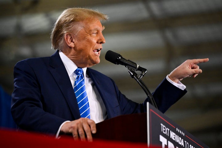 LAS VEGAS, NEVADA - JANUARY 27: Republican presidential candidate and former U.S. President Donald Trump speaks during a campaign event at Big League Dreams Las Vegas on January 27, 2024 in Las Vegas, Nevada. Trump is campaigning in Nevada ahead of the state’s Republican presidential caucuses on February 8. (Photo by David Becker/Getty Images)