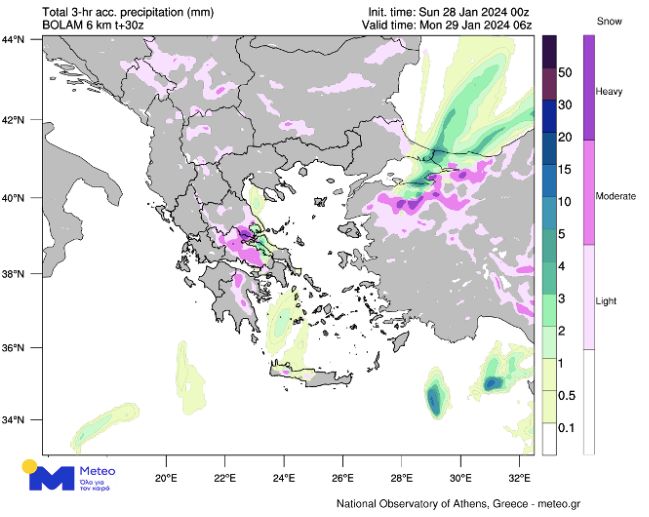 Γεωγραφική κατανομή των εκτιμώμενων βροχοπτώσεων και χιονοπτώσεων τις πρωινές ώρες της Δευτέρας 29/01, όπως υπολογίζεται από το αριθμητικό μοντέλο πρόγνωσης καιρού του meteo.gr / Εθνικού Αστεροσκοπείου Αθηνών.