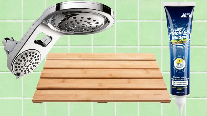 A two-in-one showerhead, natural bamboo bath mat and silicone grout whitener.