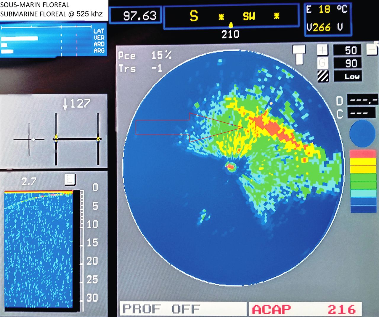 Ηχοβολιστική απεικόνιση του ναυαγίου με Imaging Sonar στα 525 khz που φέρει το υποβρύχιο τηλεκατευθυνόμενο όχημα ROV μαζί του. Διακρίνεται το ναυάγιο του Floreal σε βάθος 97,6 μέτρα.