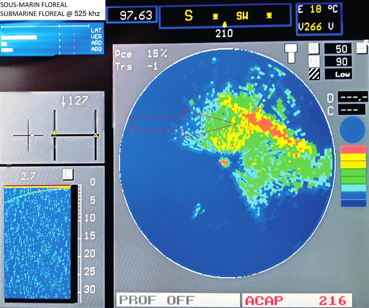 Ηχοβολιστική απεικόνιση του ναυαγίου με Imaging Sonar στα 525 khz που φέρει το υποβρύχιο τηλεκατευθυνόμενο όχημα ROV μαζί του. Διακρίνεται το ναυάγιο του Floreal σε βάθος 97,6 μέτρα.